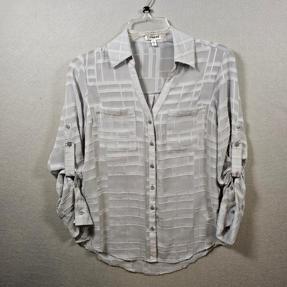 Express Portofino Women's XS Gray Plaid Button Up Roll Tab Sleeve Blouse